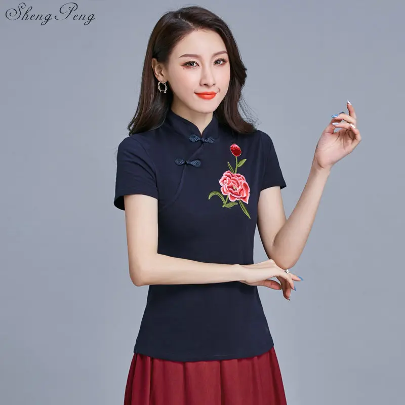 Рубашка-Ципао традиционная китайская одежда топ с вышивкой для девочек льняной в