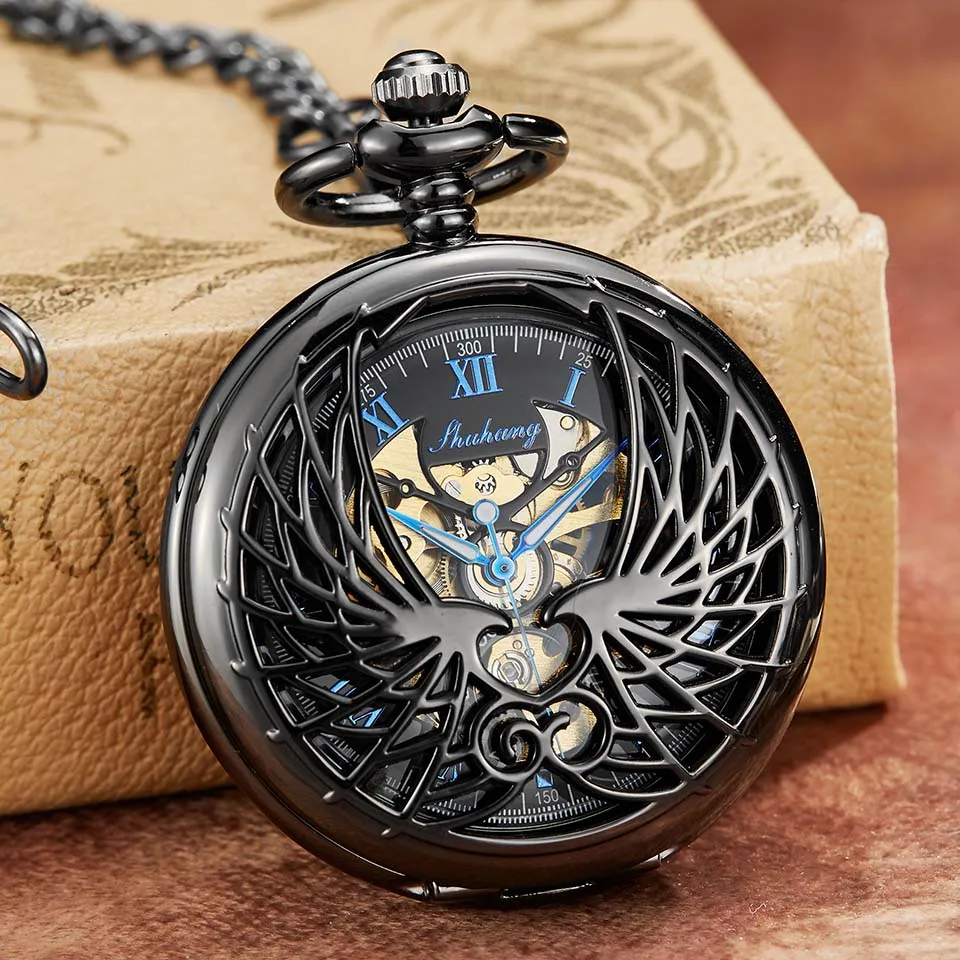 mechanical watch 1 Роскошные Бронзовые Механические карманные часы ангел часы с декором в виде крыльев цепочки и ожерелья черный ручной Ветер лазерной гравировкой для мужчин женщи - Цвет: mechanical watch 1