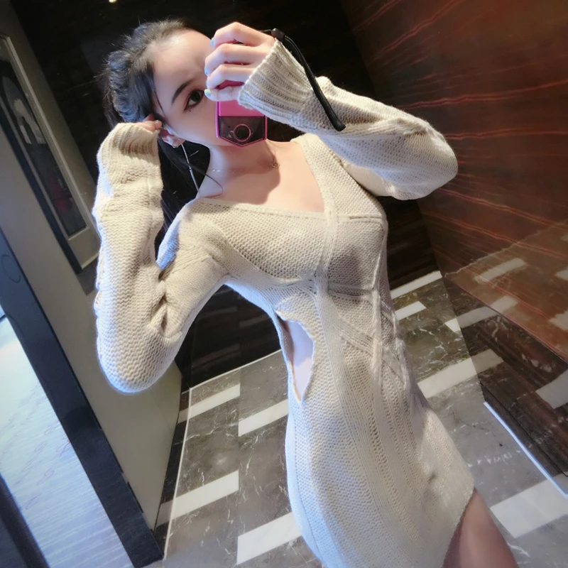 

European and American women's spring and autumn and winter fashion deep V-neck sexy nightclub hollow Slim package hip knit dress