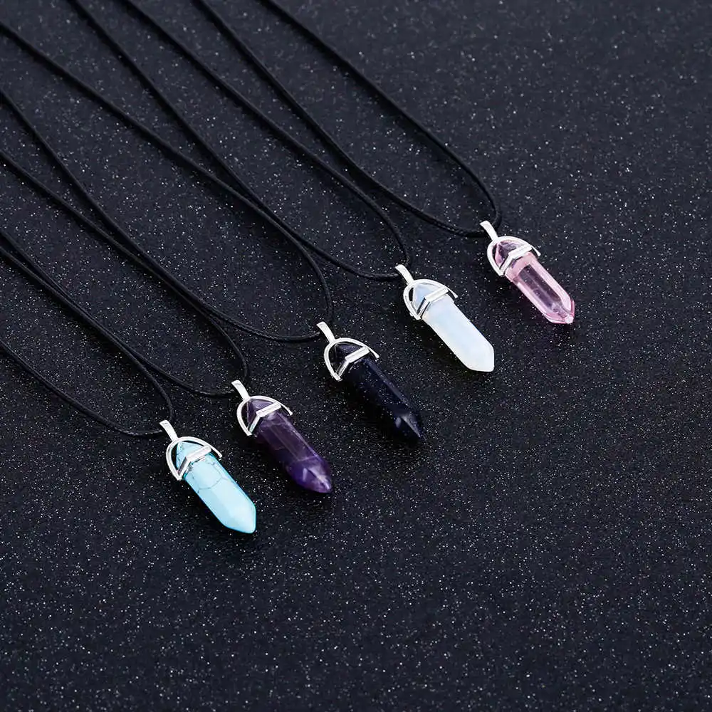 Vienkim Hot Hexagonal Column Necklaces Natural Crystal Pendants Stone Pendant Leather Chains Necklace For Women Fashion Jewelry images - 6