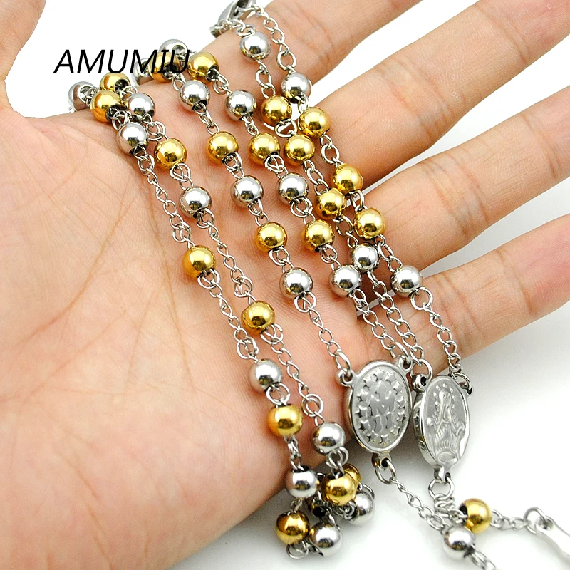 AMUMIU Модные 8 мм Ожерелье Браслет наборы золотого цвета из нержавеющей стали четки