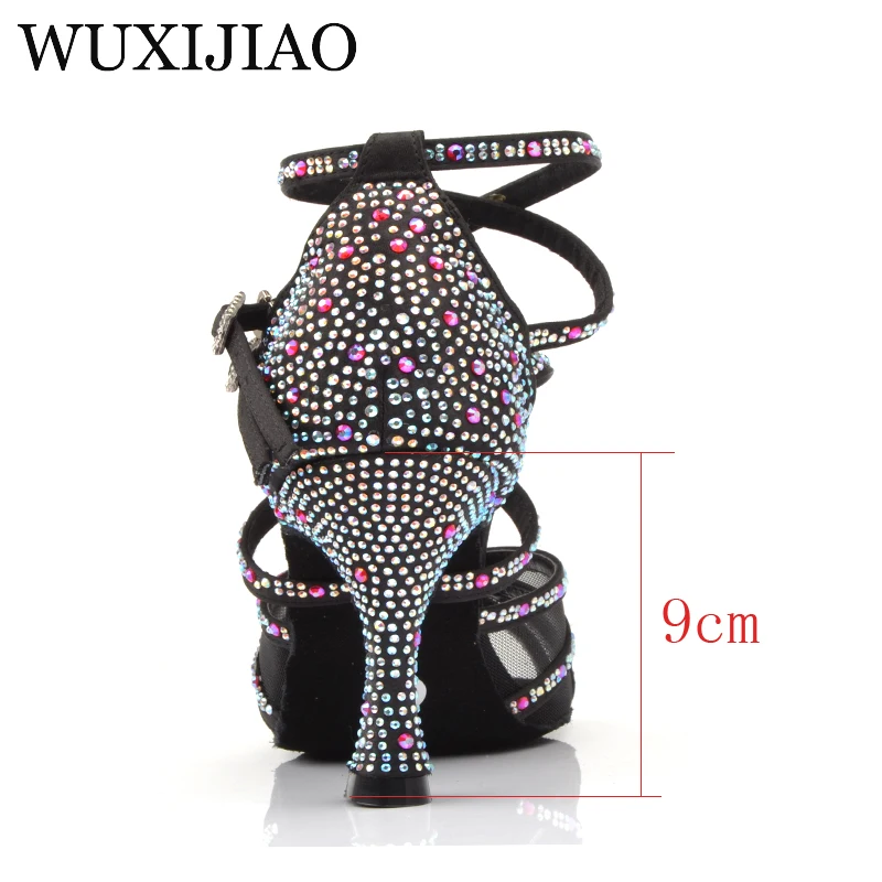 WUXIJIAO Ladies Latin dance shoes with black satin rhinestone style high heels salsa dancing heel 9cm | Спорт и развлечения