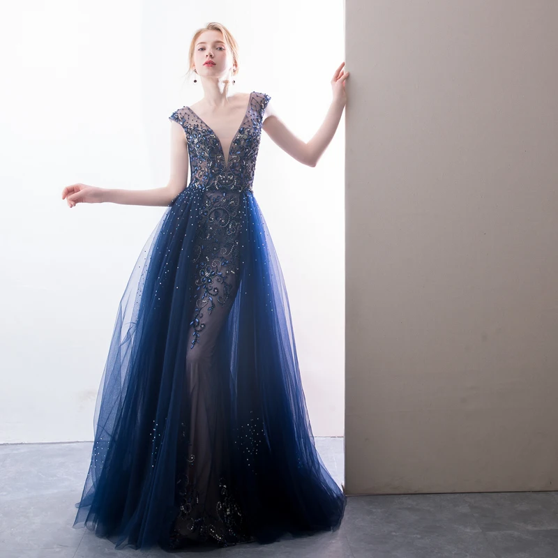 Vestido de festa, вечернее платье русалки, длинное платье с v-образным вырезом, темно-синий тюль с бисером, вечернее платье, элегантное,, Robe De Soiree
