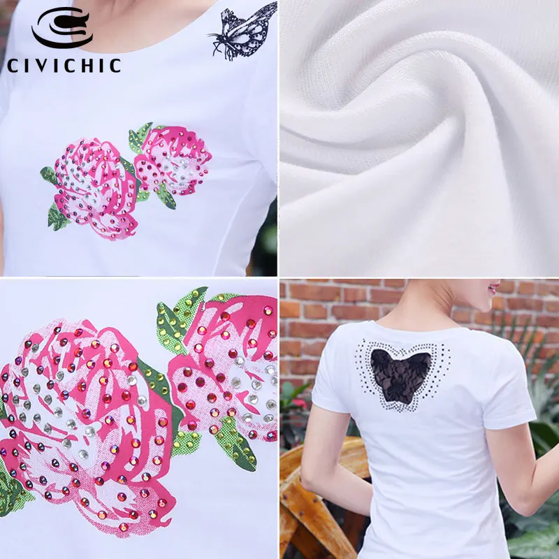 

CIVI CHIC Summer Hollow Tees Ethnic Floral Butterfly Print Women T-shirt Lace Stitch Tops O Neck Cotton T Shirt Slim Wear WST31