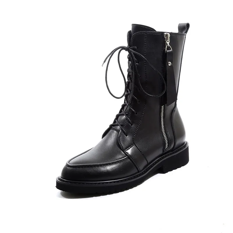 Black Synthetic Lini Meotina/осенние ботильоны из натуральной кожи; женские полусапожки на молнии и толстом каблуке; обувь из натуральной кожи с круглым носком; женская зимняя обувь; размер 42 - Цвет: Black Synthetic Lini