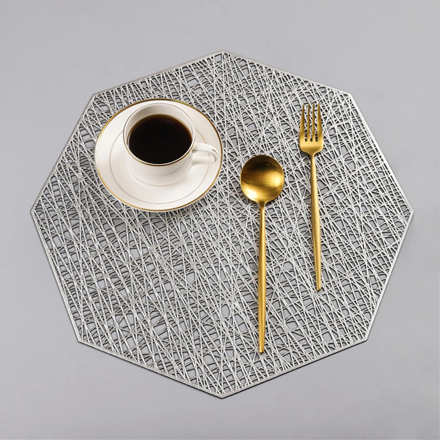 Silver table mat Восьмиугольные полые подставки для напитков из ПВХ золотые Серебристые подставки под столовые приборы индивидуальные Геометрические Цветочные дизайнерские кухонные аксессуары - Цвет: Silver table mat