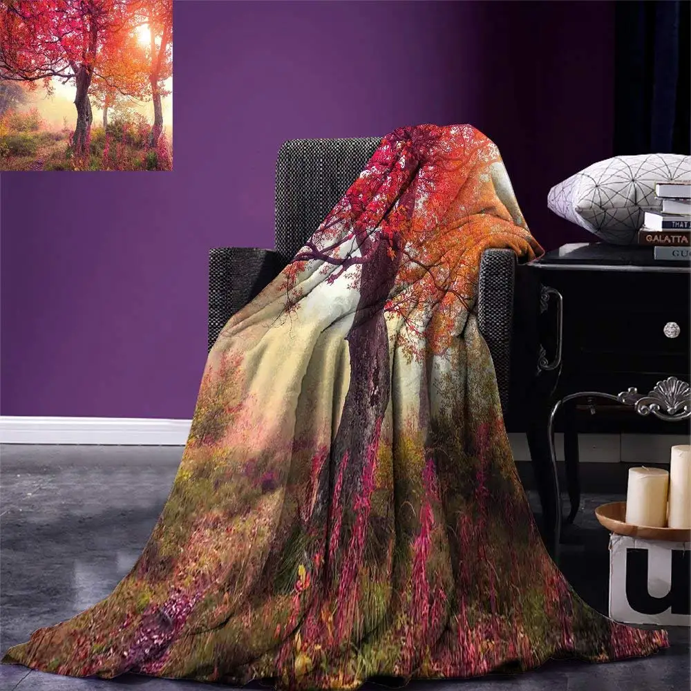 Forest Throw Blanket Magical View in the Foggy with Hazy Fairy Sun Beams and Fall Leaves Picture Fleece Blankets for Beds | Дом и сад