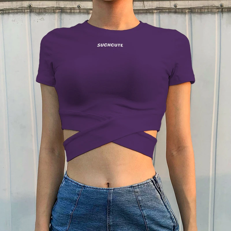 HLMFS Sexy Women Summer sexy letter cross purple Tops tunic t-shirts 2019 fashion short Sleeve Bodycon Bandage Crop tshirt | Женская