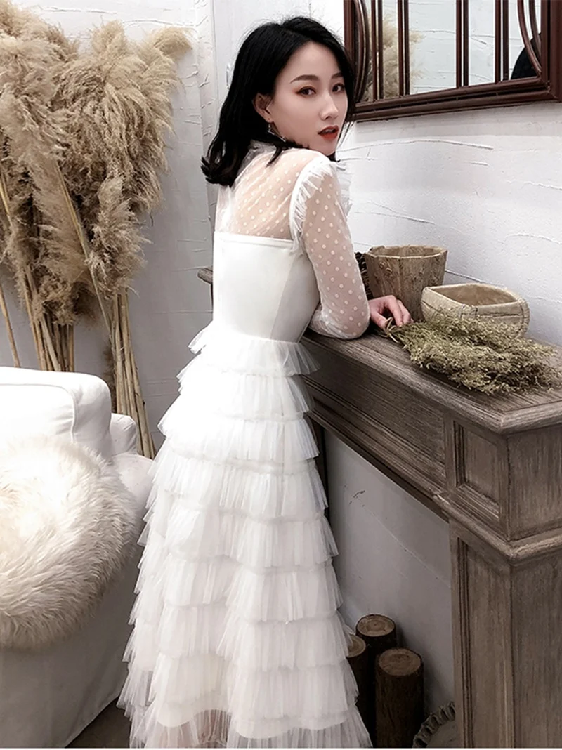 Белые платья для выпускного вечера, vestido de festa, длинный кружевной рукав, многослойные вечерние платья для девочек, платья на выпускной, TS1155