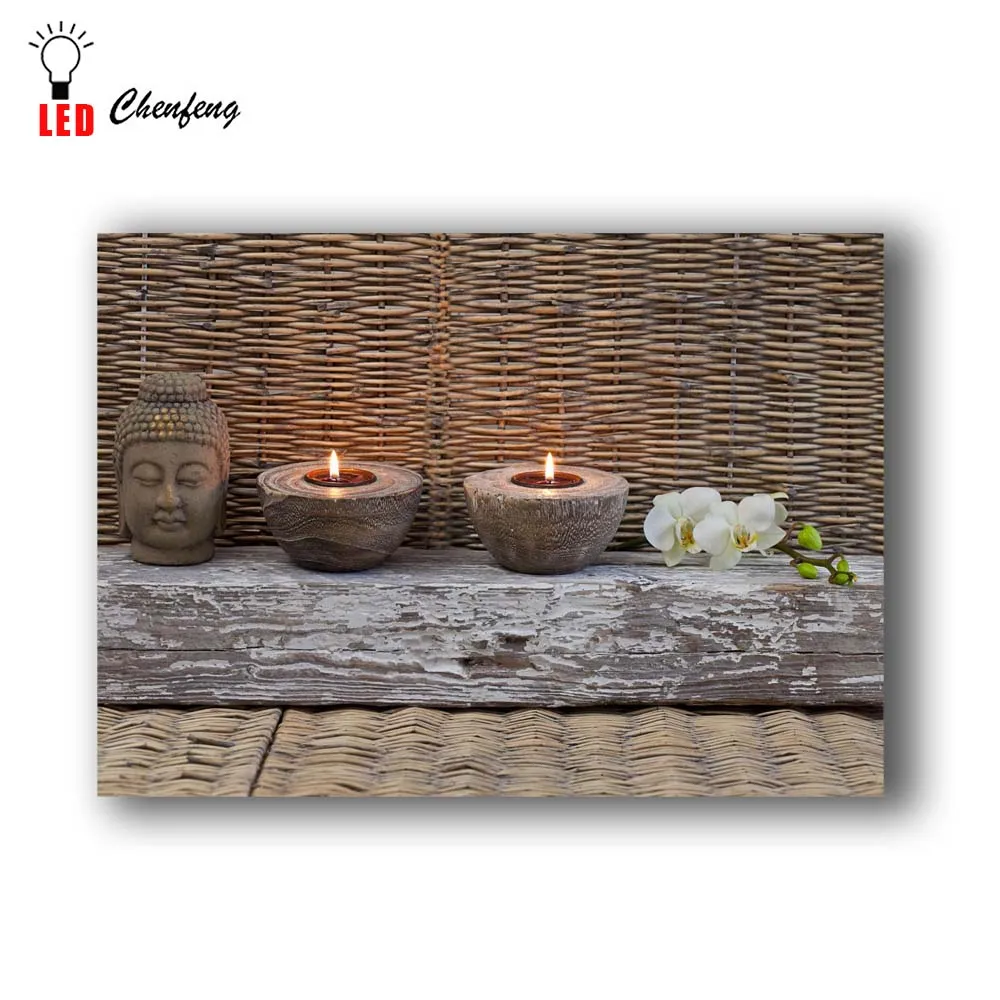 Будда лицо с tealight свечи орхидеями Настенная картина led щелкая холст живопись свет