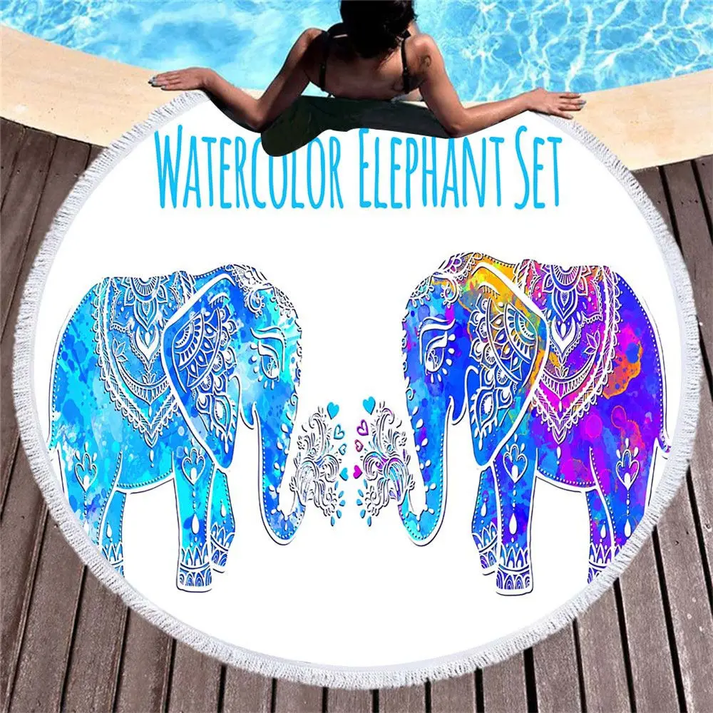 Круглый пляжный полотенце с принтом слона цветной стиль бохо микрофибра для