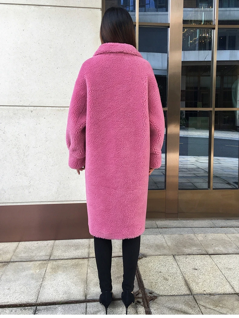 SY07 Fall winter women 30% real wool fur coat overcoat Horn buckle warm pocket sheep shearing girl fur coats lady long jacket
