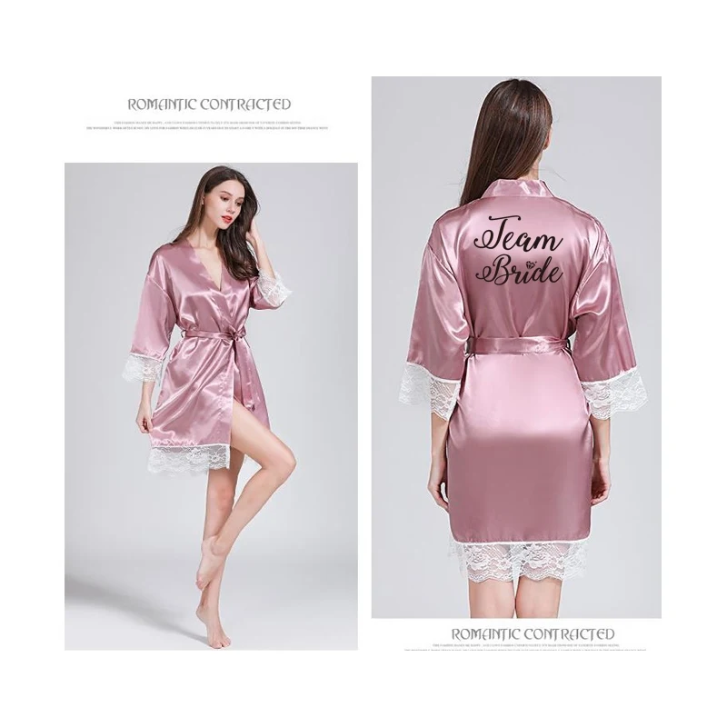 Blush Team Bride Кружевное Сексуальное Женское ночное белье плюс размер свадебное кимоно атласное шелковое женское халаты подружек невесты персонализированное имя - Цвет: Blush Team Bride