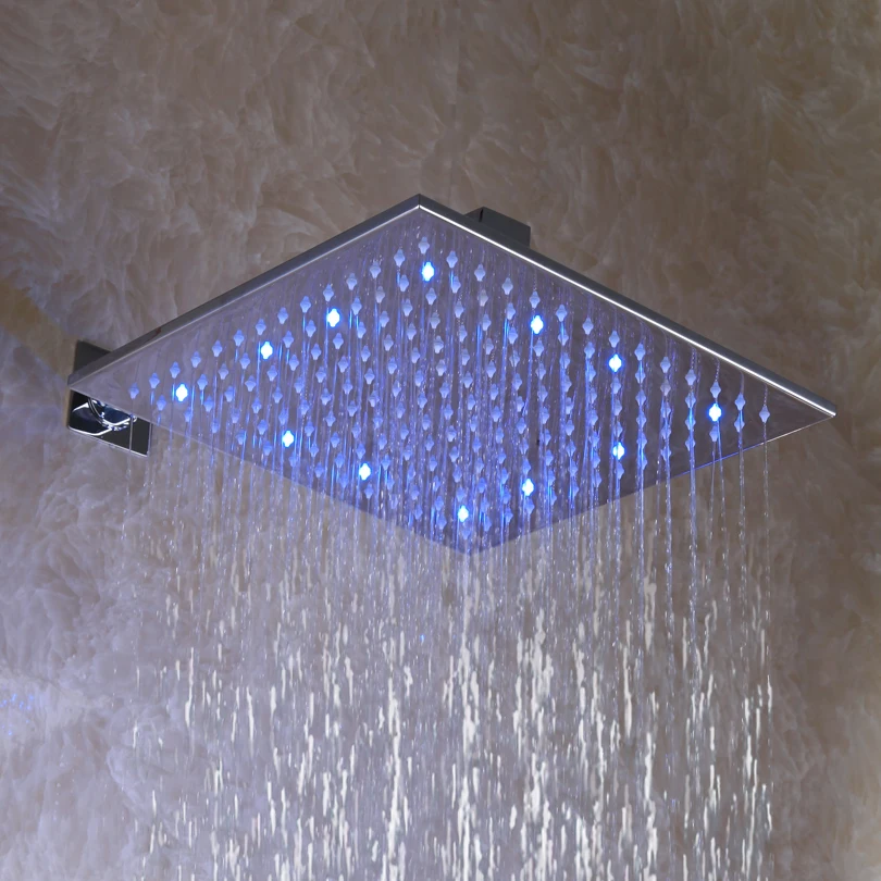 

With 3 Color(Green Blue Red) And Brass Shower Arm! 12 Inch Square Chrome Overhead LED Rainfall Bathroom Shower Head L-012A