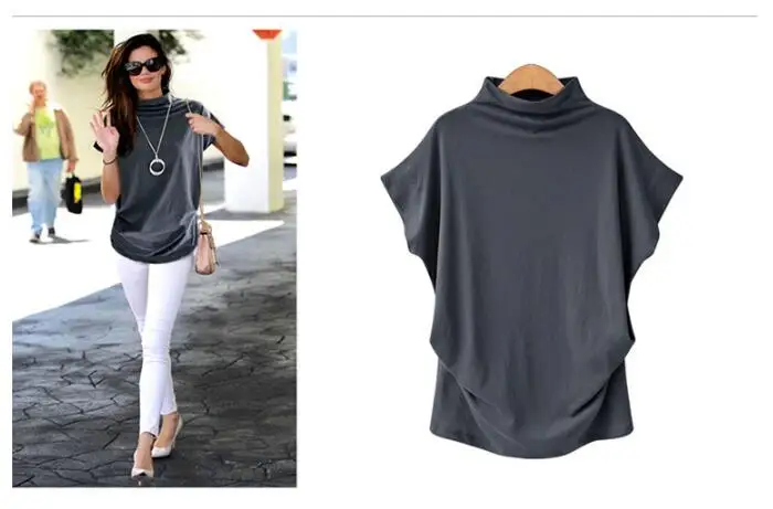 Dark grey 6XL, модная новинка, женская летняя футболка, повседневная, свободная, высокий ворот, топы, большой размер, короткий рукав, женские футболки - Color: Dark grey
