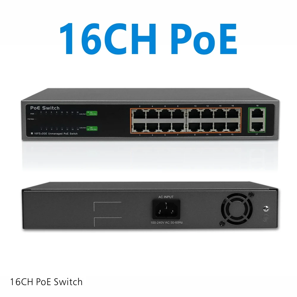 ENSTER неуправляемый 16 портовый коммутатор 10/100 Мбит/с 802.3af PoE Plus с 2 портами 100/1000