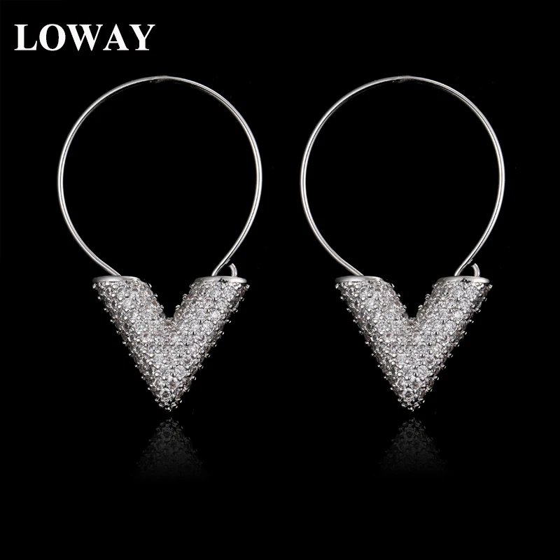 LOWAY букву "V" Белый & Rose Цвет CZ HoopEarrings для Для женщин Дата вечерние аксессуары