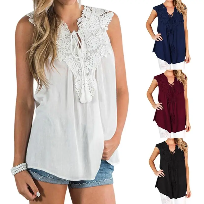 

Women Blouse Summer Chiffon Lace Solid Sleeveless Casual Women Shirt Cotton Women Cotton Loose Blouses
