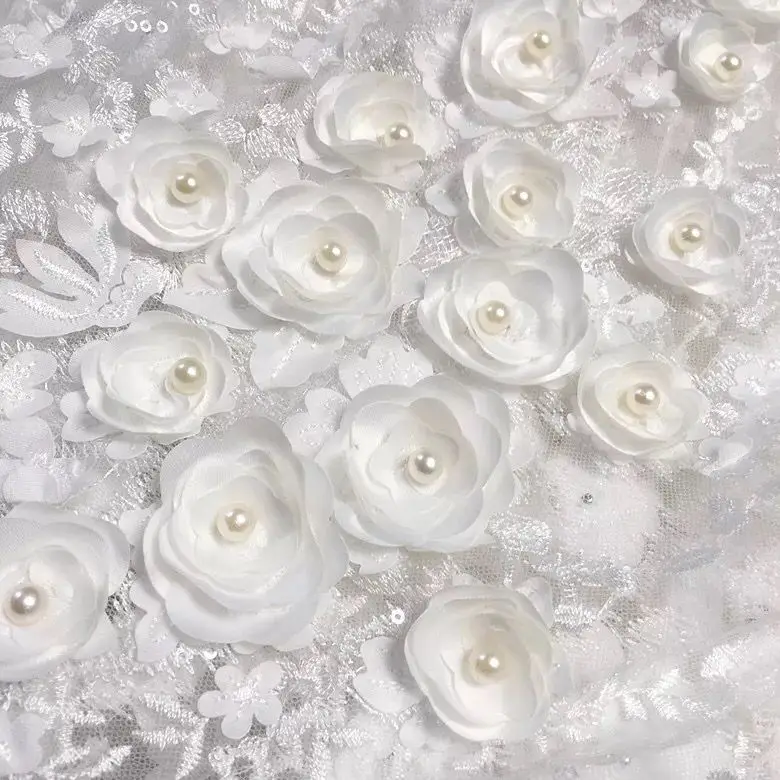 130 см ширина цвета слоновой кости Винтаж 3D Blossom Цветок Вышивка тюлевой сеткой кружево ткань с жемчугом бусины для свадебное платье/вечернее платье