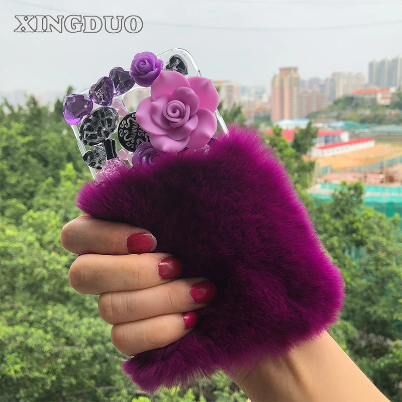 Чехол XINGDUO для meizu u10 фиолетовый натуральный мех бриллиантовый цветок мягкий