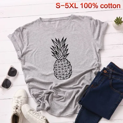 light gray SINGRAIN летняя S-5XL размера плюс футболка с принтом ананаса Женские топы с рисунком фруктов хлопок короткий рукав свободная футболка - Цвет: light gray