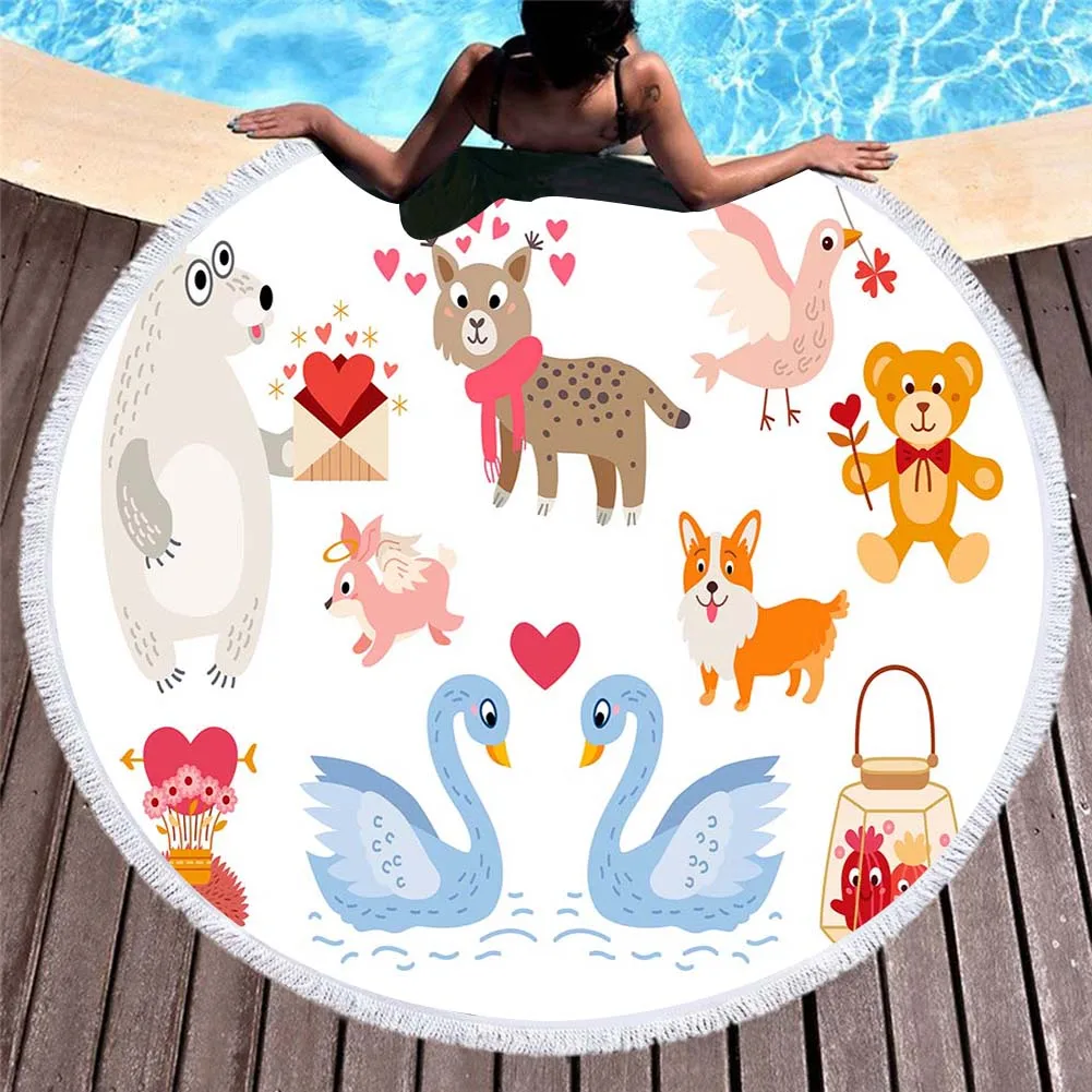 

New Happy Zoo Printed Carton Animals round beach towel large 150*150 thick Microfiber fabric bath towel for beach home Decor