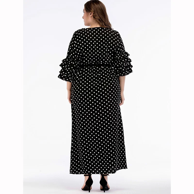 Женское длинное платье Boho осеннее большого размера с принтом в горошек черное