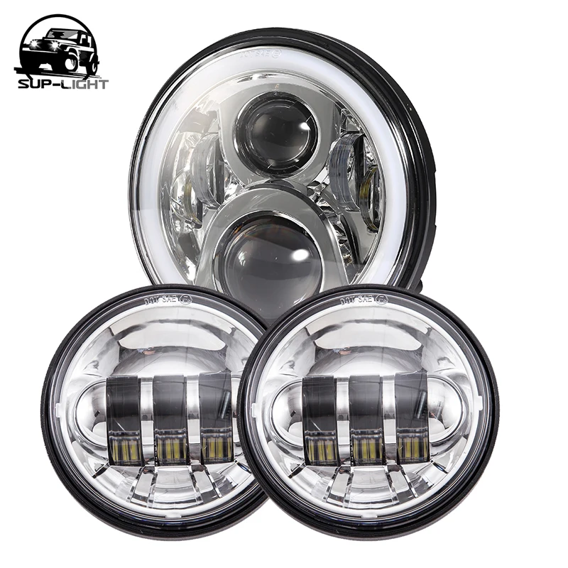 

LED headlight kit Black 7'' 50w led headlight with Halo ring DRL + 2X chrome / black 4.5'' LED fog light for Harley motocross