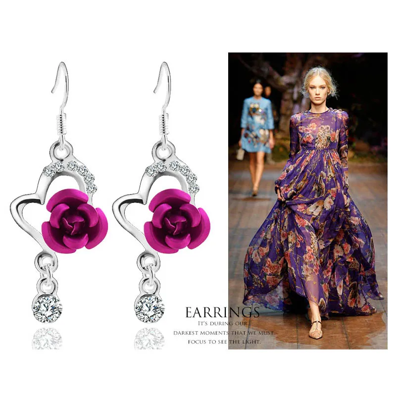 Большие модные длинные Подвесные серьги со стразами три цвета висячие в виде роз