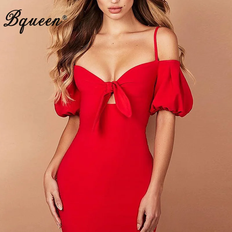 Женское бандажное платье с коротким рукавом Bqueen черное/красное эластичное на