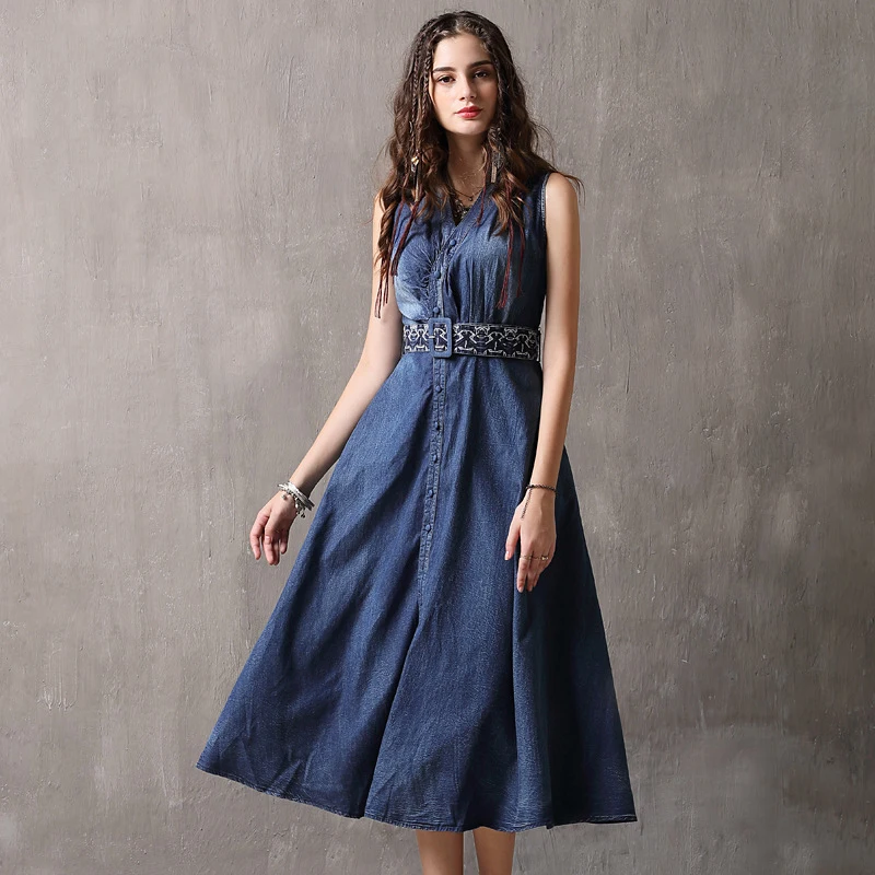 Женское джинсовое платье с вышивкой элегантное облегающее размера плюс в