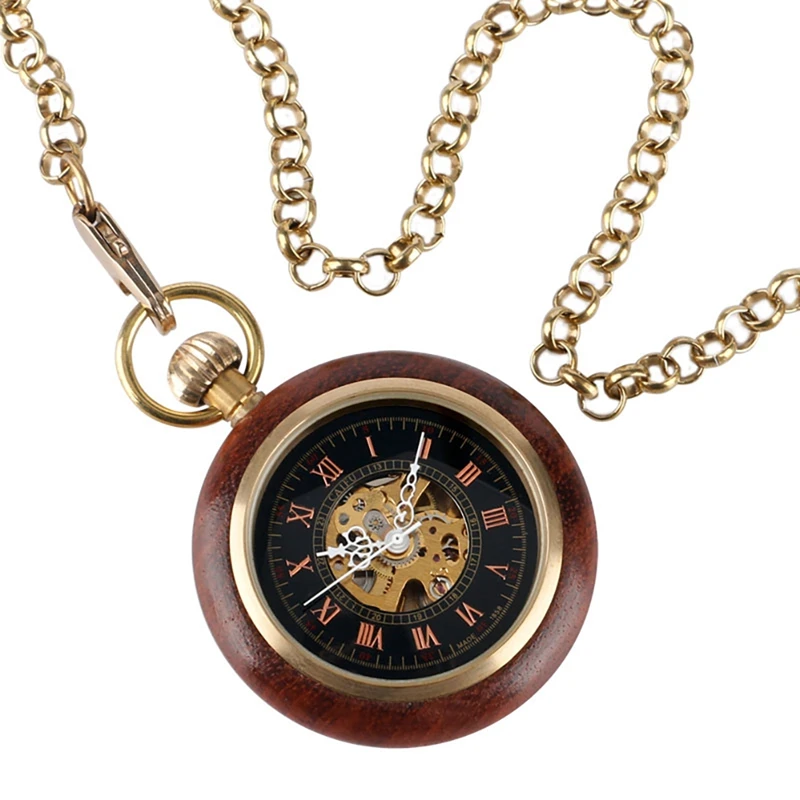 

Vintage Hand-winding Hollow Special Design Watches Women Wood Style Circle Mechanical Hand Wind Pocket Watch Men Pendant Chain