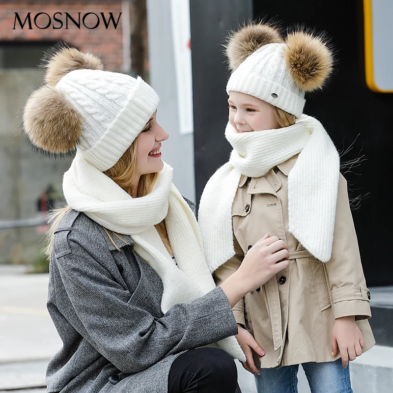 Родитель-ребенок шапка и шарф комплект однотонные зимние Skullies шапочки с меховым