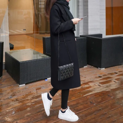black w93 Зимнее женское Новое корейское прямое толстое шерстяное пальто, женское тонкое длинное шерстяное пальто большого размера с пряжкой и отворотом - Цвет: black w93