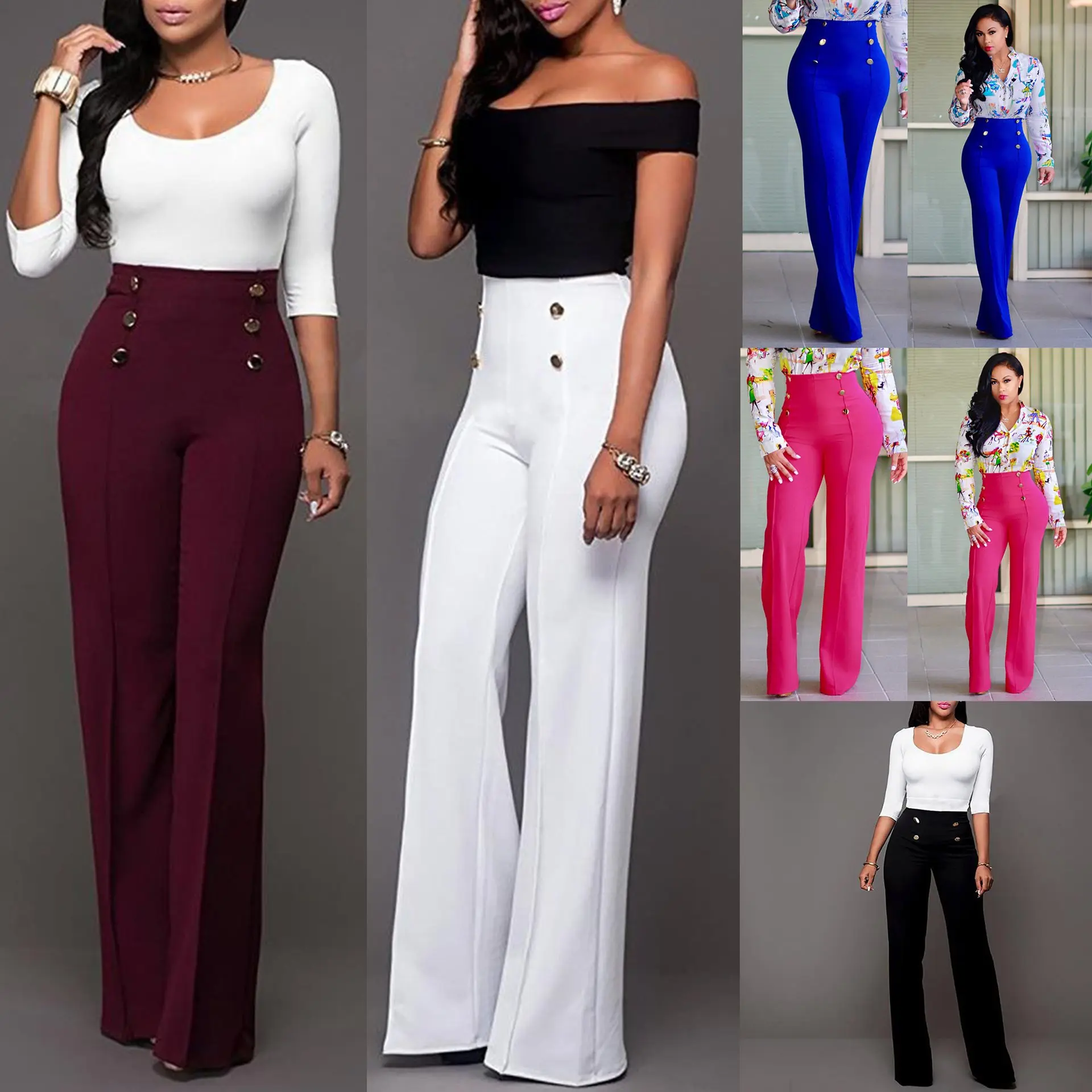 

2020 Sweatpants Mujer Real Vadim New Arrival Polyester Regular Pants Women Pantalones De Women's High Waist Button Wide Leg