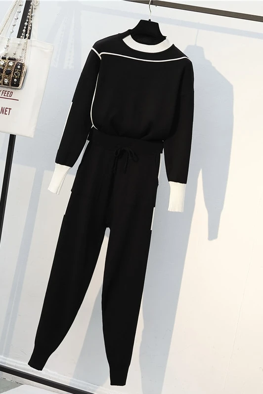 L-4XL размера плюс комплект из двух предметов женская одежда Зимний вязаный свитер с длинным рукавом и трикотажные брюки с эластичной резинкой на талии спортивный костюм