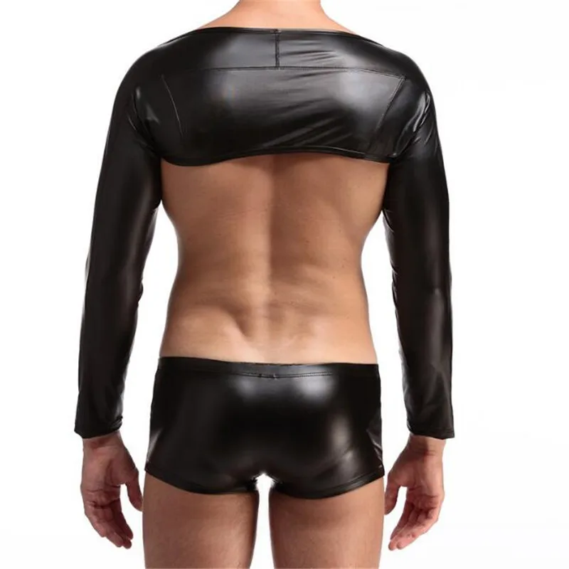 Мужская сексуальная рубашка с длинным рукавом футболки из искусственной кожи