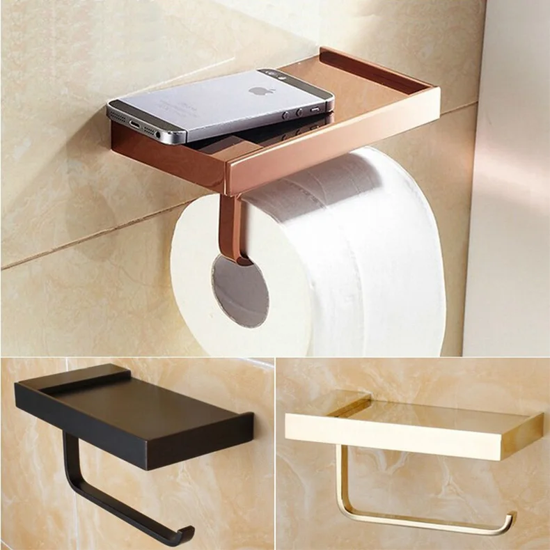 

New Arrival Toilet Paper Holder With Phone Shelf Paper Roll Rack Phone Shelf With Hooks Wall Mounted Copper Toilet Paper 4 color