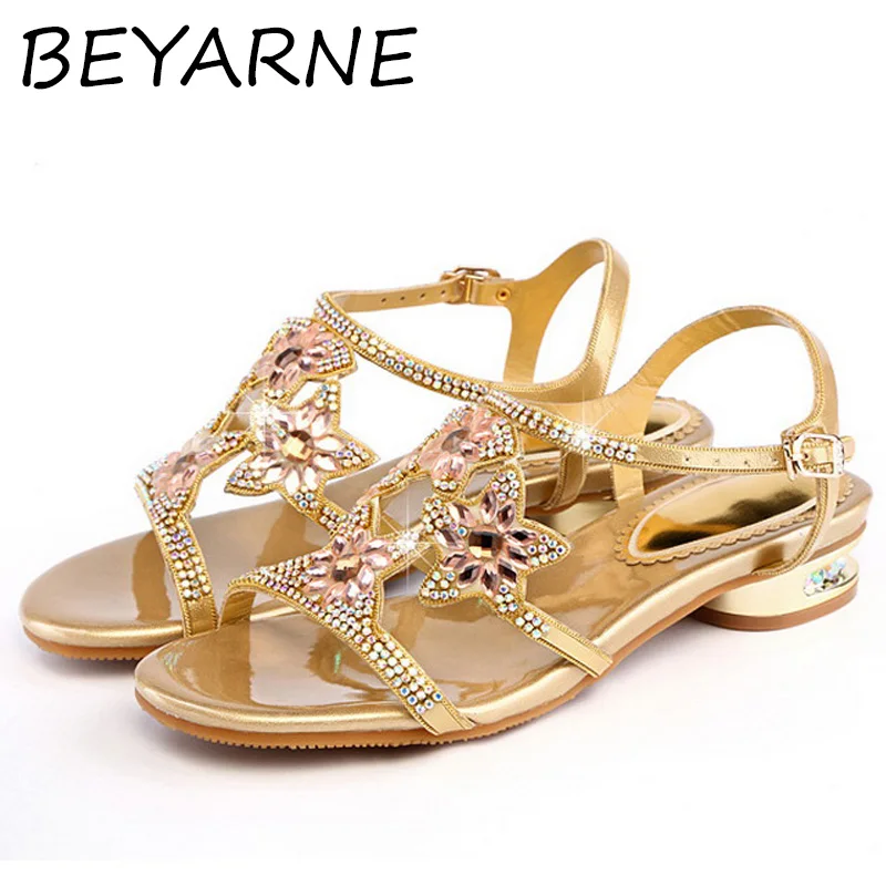 BEYARNE 2018 Purple Blue Gold Optional Women's Sandals Sweet Leather Rhinestone Shoes Low-heeled Diamond E302 | Обувь