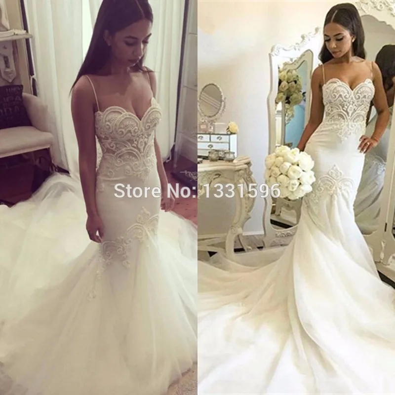 Сексуальная Русалка свадебное платье 2017 Белый Тюль из бисера Кружева Жемчуг