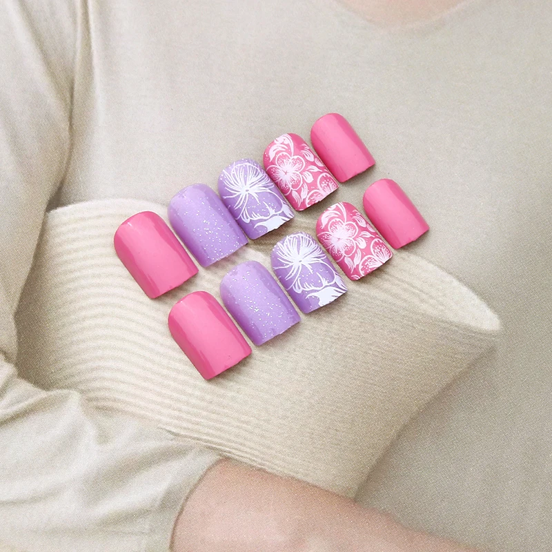 Elegant 24pcs/set Romantic purple Painted flowers design false nails Middle-long lady full nail tips Patch art tool bride | Красота и