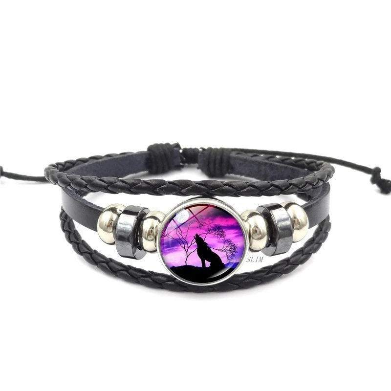 Fashion Black Leather Bracelet Wolf Head Glass Metal Buckle Punk Jewelry Weave Multilayer Charm Women Men | Украшения и