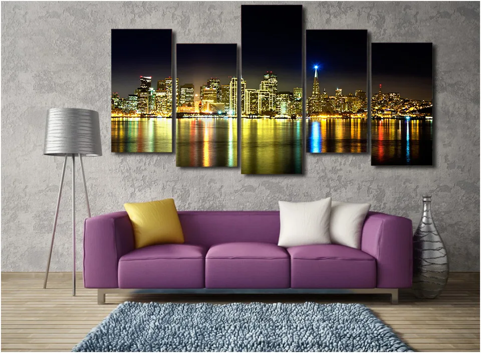 5 Pcs New York City Night Scenery Wall Art Canvas Poster Frame Painting Abstract Pictures HD Printed Framework Quadros Decoracao | Дом и сад