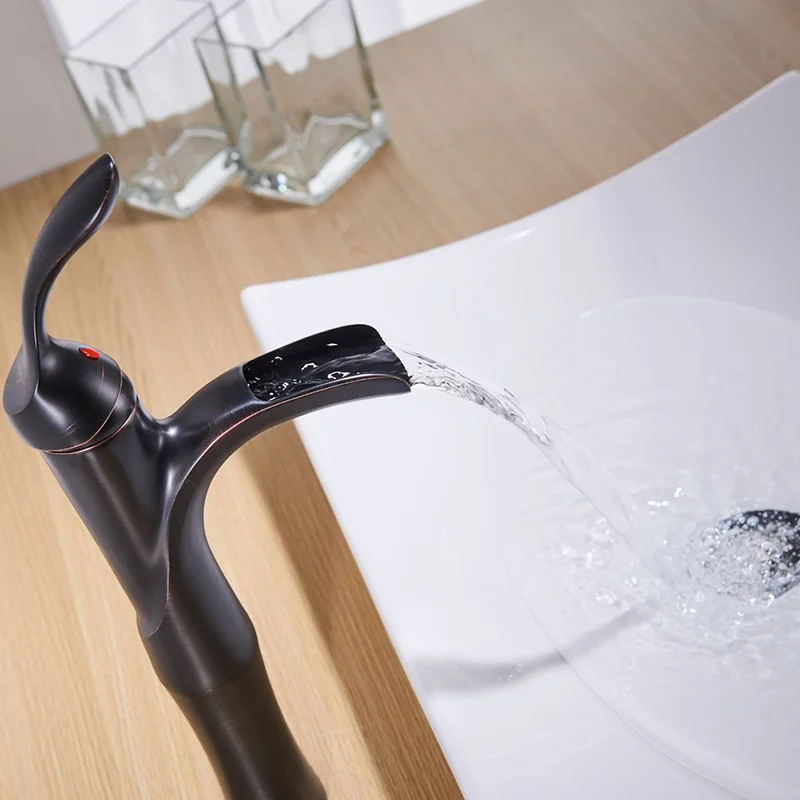 ULGKSD Basin Faucet Black Brass Single Handle Vanity Sink Faucets Hot Cold Mixer Tap Bathroom Counter-top Waterfall Taps | Обустройство