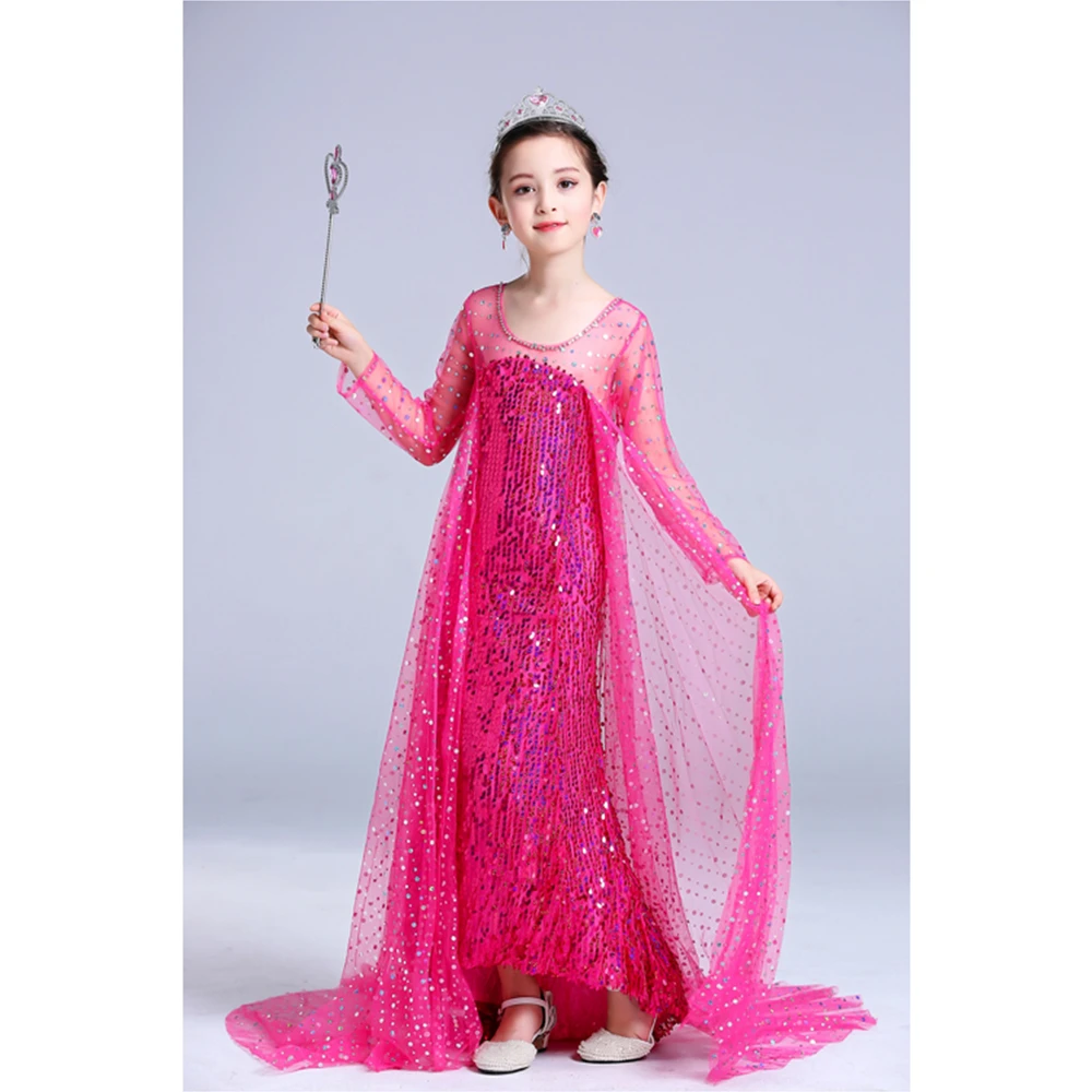 Розовое платье принцессы Эльзы для девочек вечернее с длинным хвостом свадьбы и