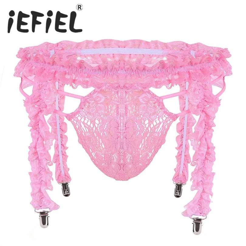 IEFiEL, сексуальное мужское нижнее белье, комплект, гофрированные, неженственные, с 4 оборками, на бретельках, сердце, клипсы, подвязки, бикини с поясом, треугольные трусы, нижнее белье, трусики