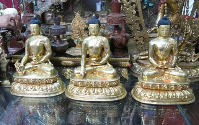 

xd 001589 9.5"Nepal Buddhism pure Bronze 24K Gold carve Three Sakyamuni Buddha Statue