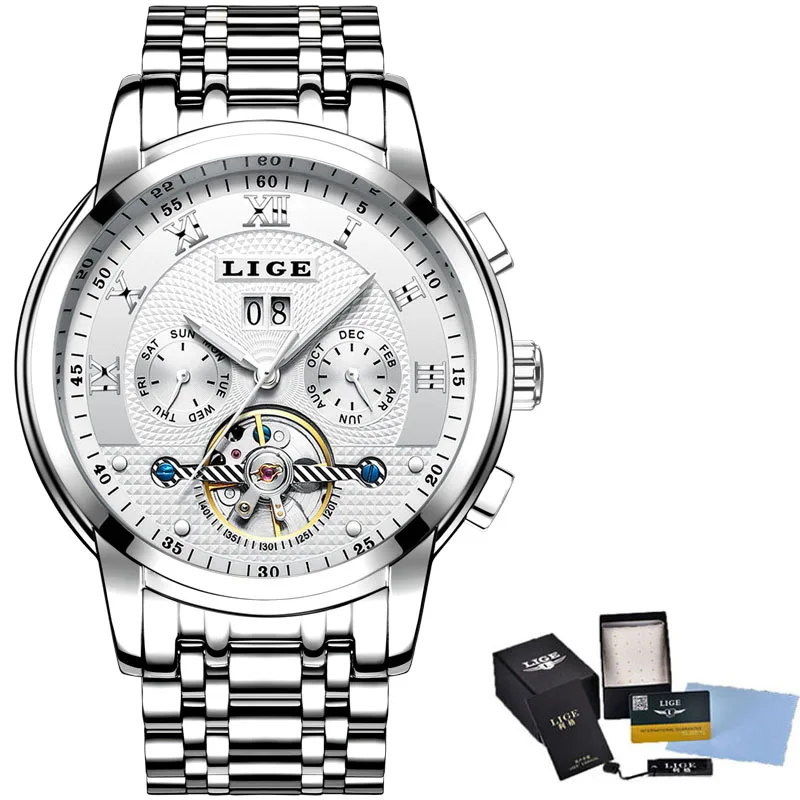 silver white steel Мужские часы LIGE Топ бренд класса люкс турбийон автоматические механические часы мужские бизнес нержавеющая сталь водонепроницаемые часы Relogio - Цвет: silver white steel
