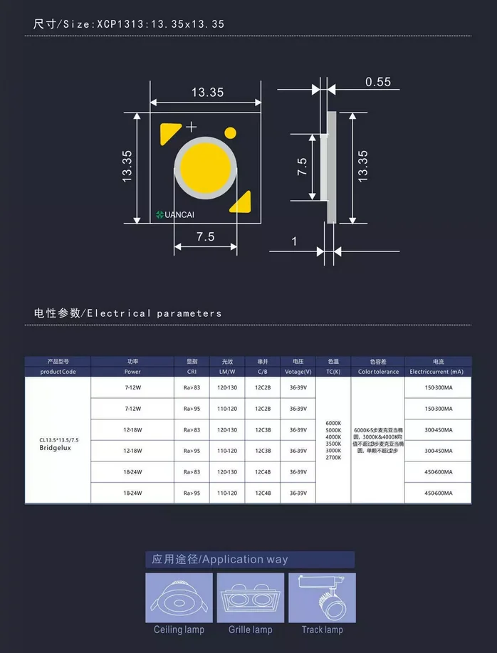 12 Вт Cree led Размер 7,5-13,5*13,5 мм CRI80 Ra90 130LM/W cob led чип bridgelux led светильник-излучающий диод DIY высококлассный магазин светильник