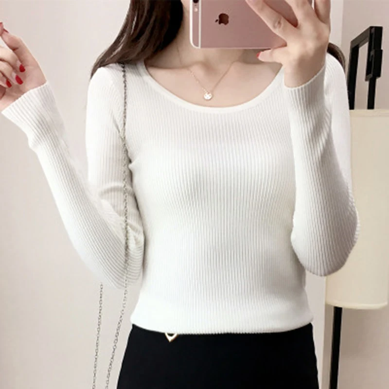 2018 Spring Women O-Neck Sexy Elastic Knitted Sweater Pullover New Brand Female Long Sleeve Top Bottom Shirt Jumper F806 | Женская